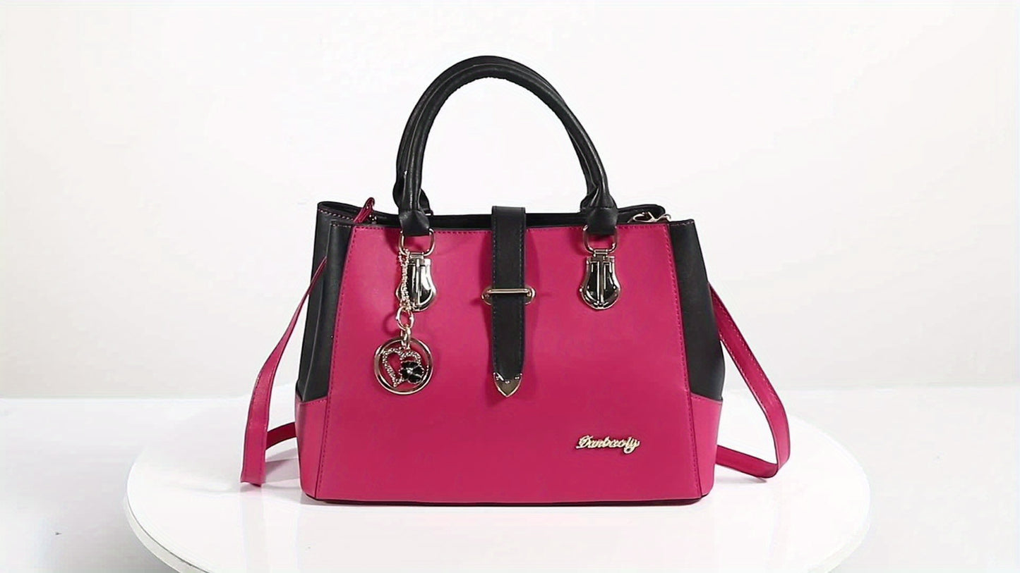 Women's Letter Detail Shoulder Bag, Elegant Double Handle Purse, Simple Large Handbag For Work