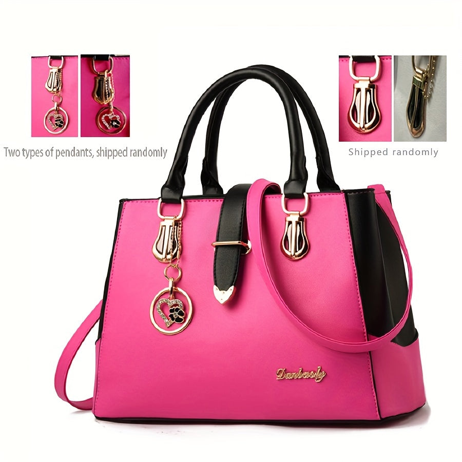 Women's Letter Detail Shoulder Bag, Elegant Double Handle Purse, Simple Large Handbag For Work