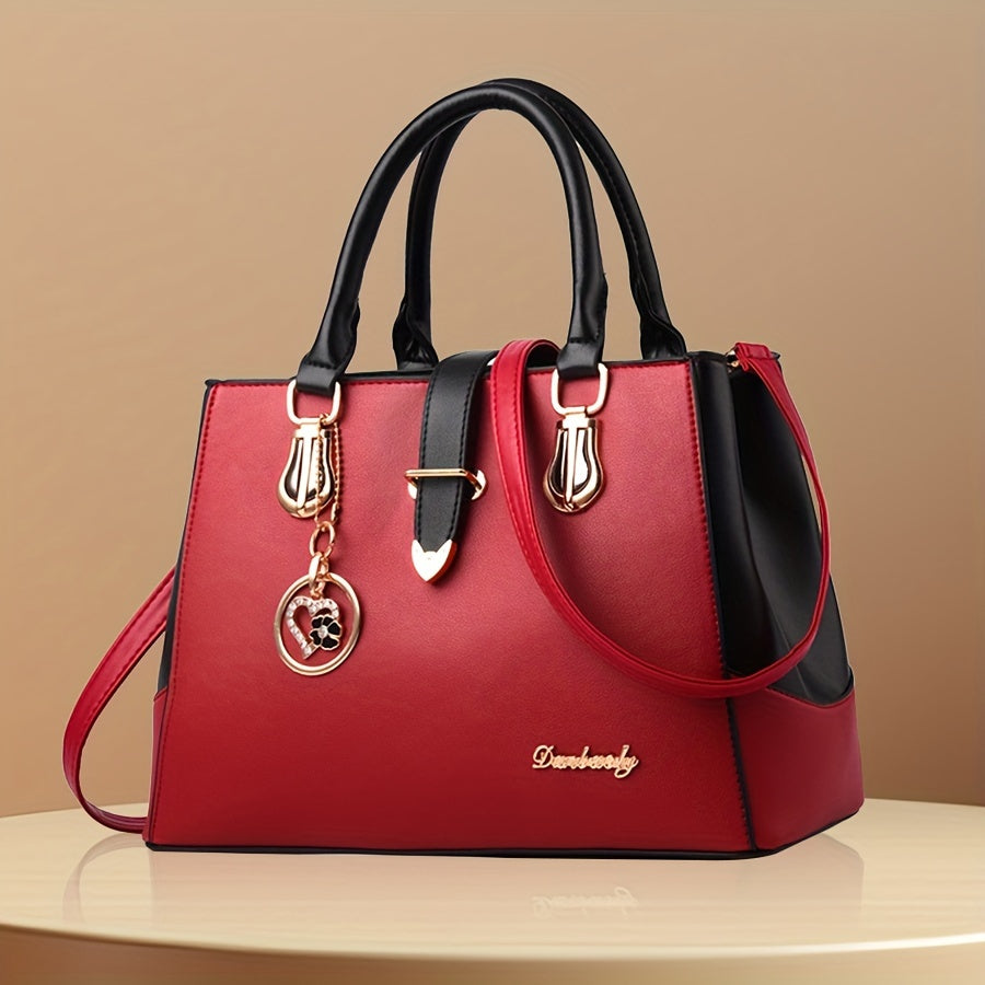 Women's Letter Detail Shoulder Bag, Elegant Double Handle Purse, Simple Large Handbag For Work