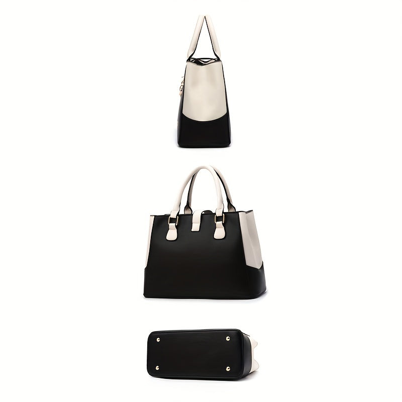 Women's Letter Detail Shoulder Bag, Elegant Double Handle Purse, Simple Large Handbag For Work
