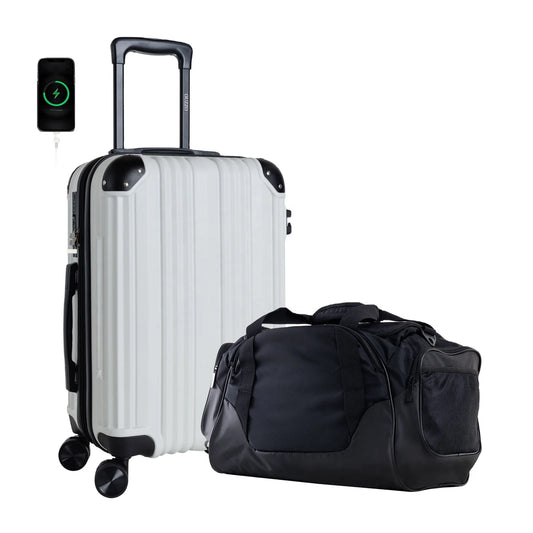 20 Inch White Expandable Carry-On Suitcase with USB-A Port TSA Lock Protective Corner for Travel Business Luggage Sets