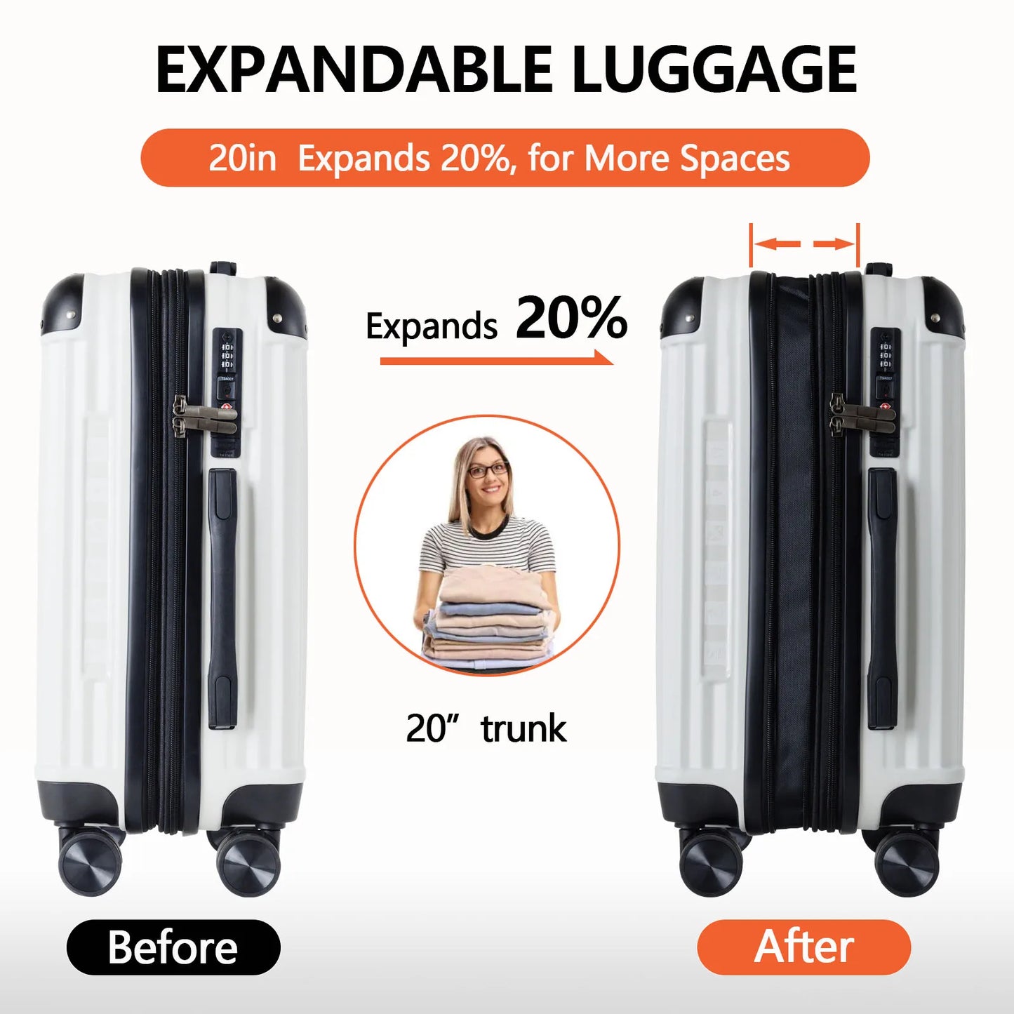 20 Inch White Expandable Carry-On Suitcase with USB-A Port TSA Lock Protective Corner for Travel Business Luggage Sets
