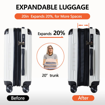 20 Inch White Expandable Carry-On Suitcase with USB-A Port TSA Lock Protective Corner for Travel Business Luggage Sets
