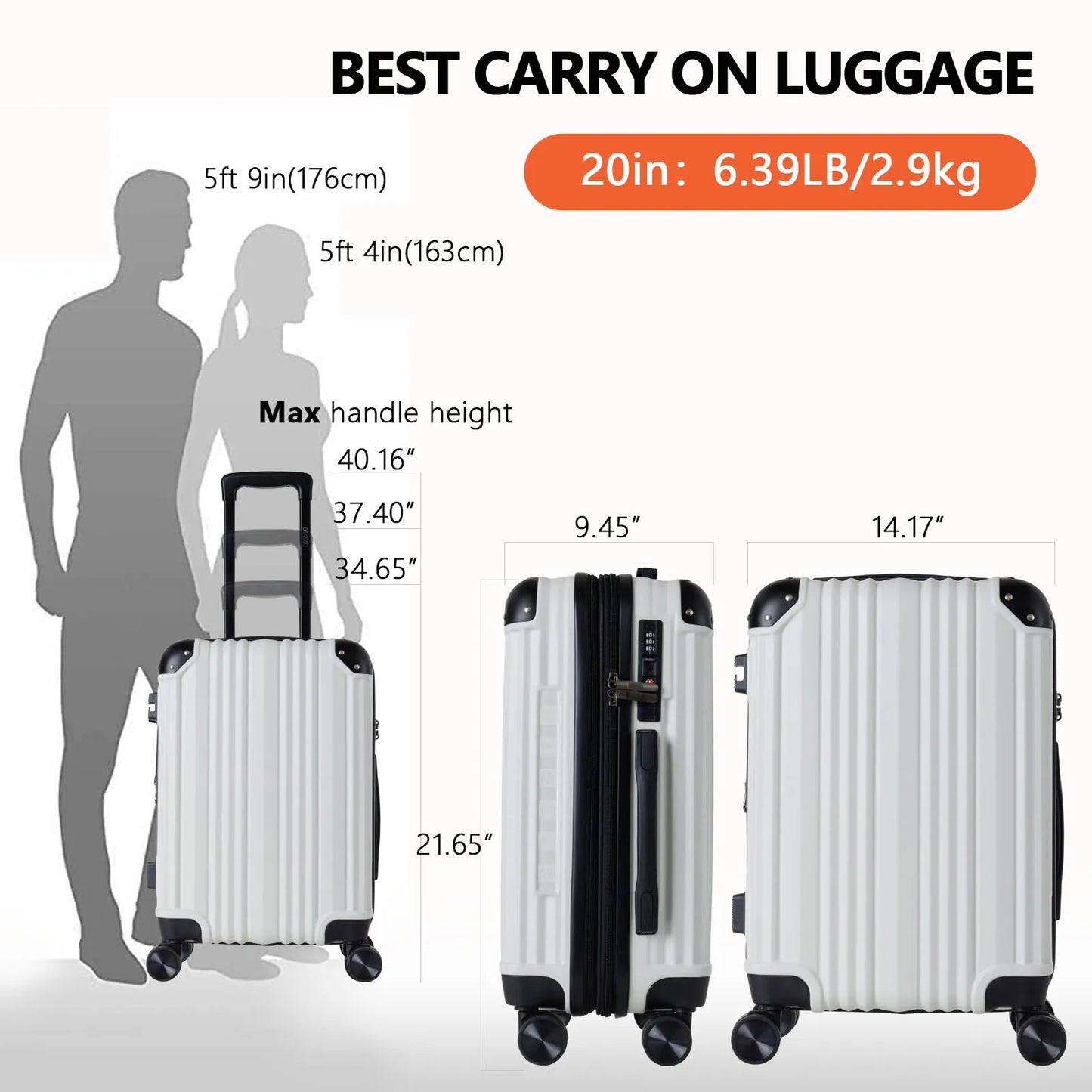 20 Inch White Expandable Carry-On Suitcase with USB-A Port TSA Lock Protective Corner for Travel Business Luggage Sets