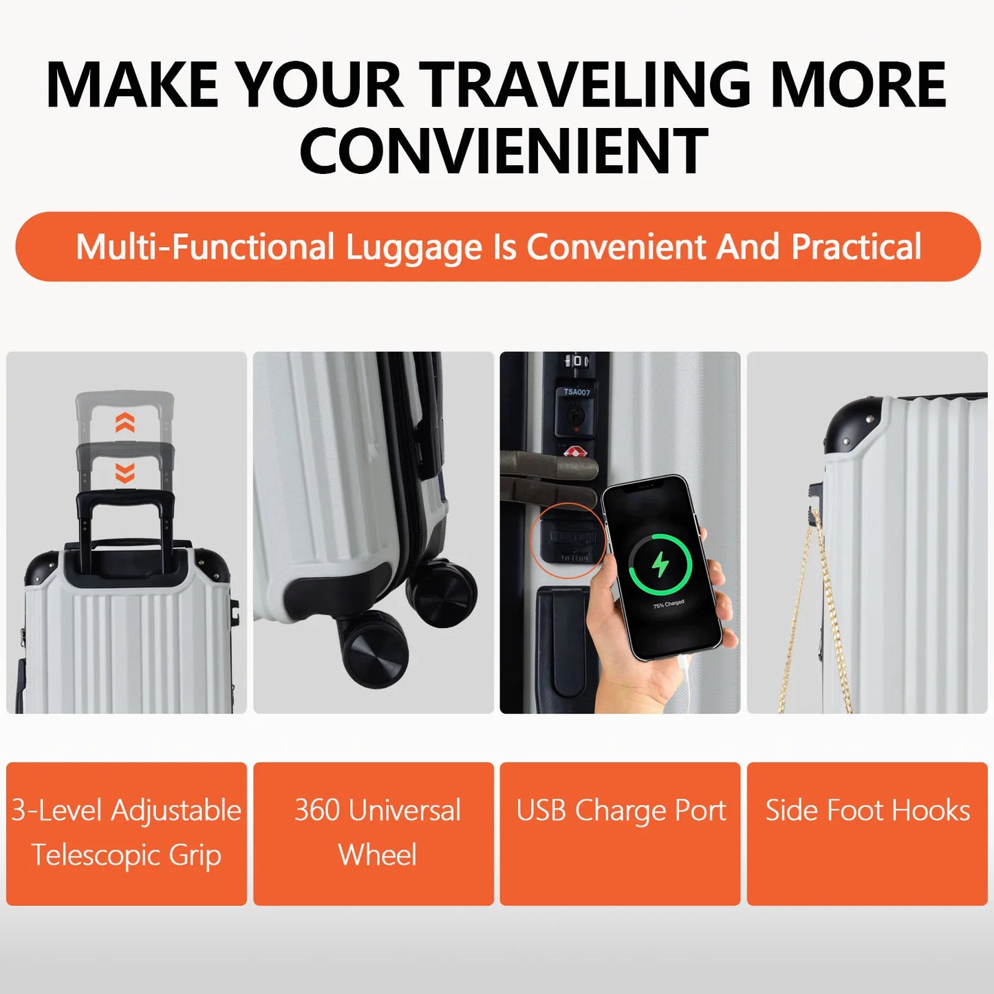 20 Inch White Expandable Carry-On Suitcase with USB-A Port TSA Lock Protective Corner for Travel Business Luggage Sets