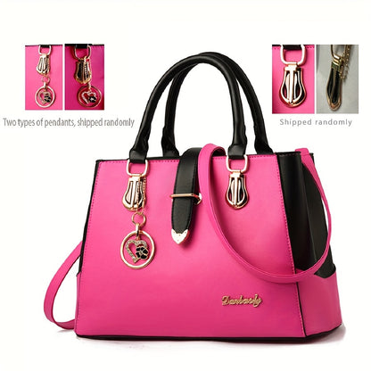 Women's Letter Detail Shoulder Bag, Elegant Double Handle Purse, Simple Large Handbag For Work