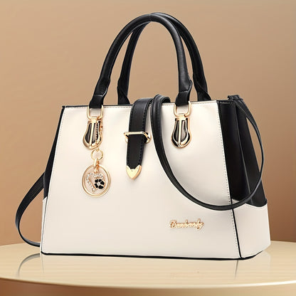 Women's Letter Detail Shoulder Bag, Elegant Double Handle Purse, Simple Large Handbag For Work