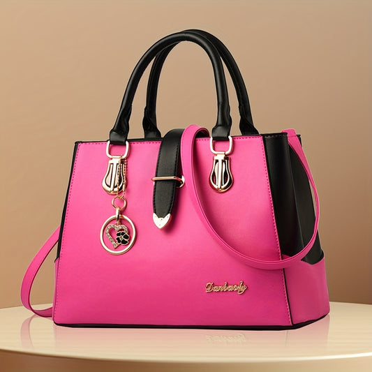 Women's Letter Detail Shoulder Bag, Elegant Double Handle Purse, Simple Large Handbag For Work